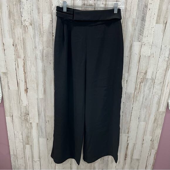 Mango {MNG} Black Wide Leg High Rise Ankle Pants Belted - Picture 1 of 5
